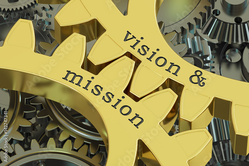 Vision   mission concept on the gearwheels  3D rendering