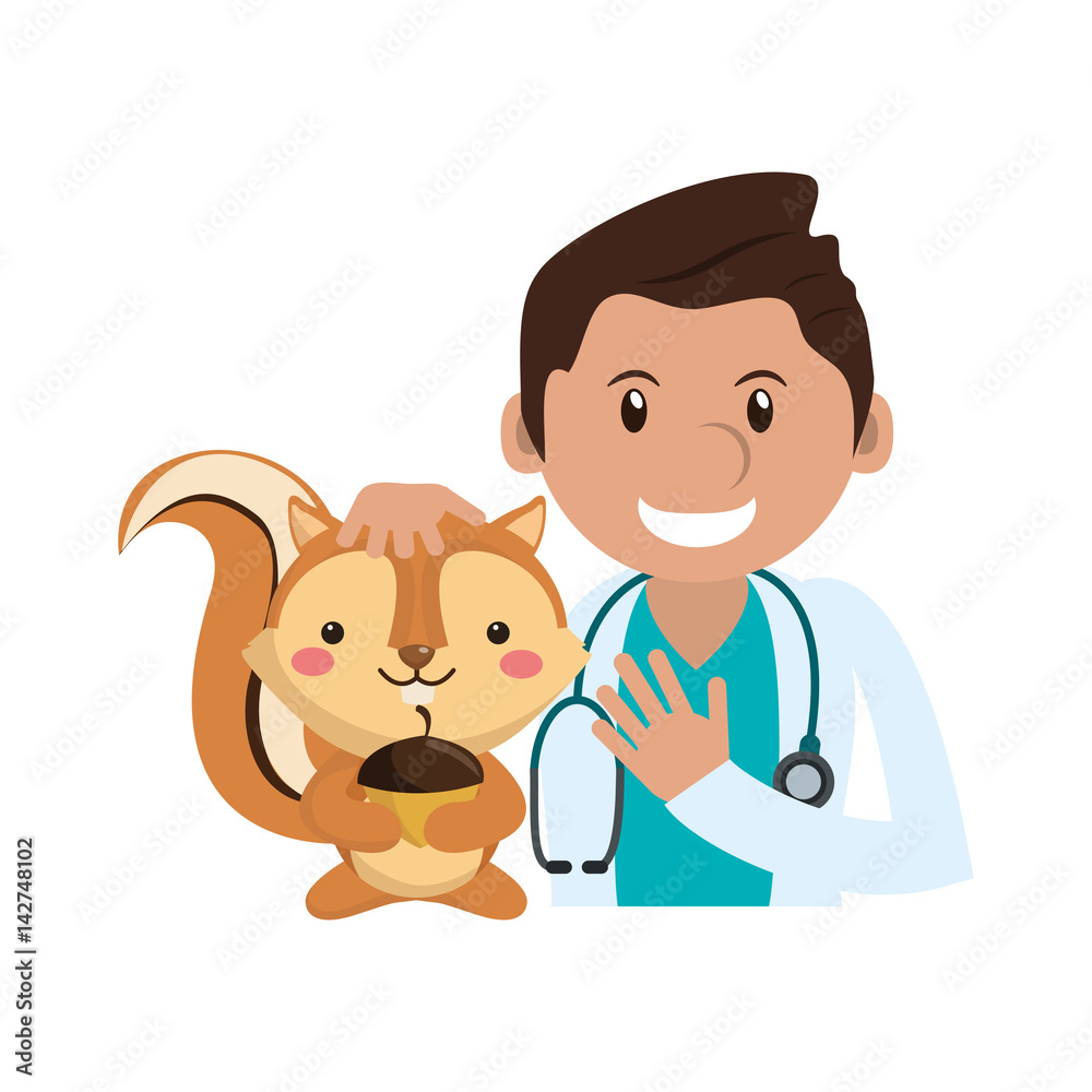 veterinarian doctor man with squirrel cartoon icon over white background. colorful design. vector illustration veterinarian doctor man with squirrel cartoon icon over white background. colorful design. vector illustration