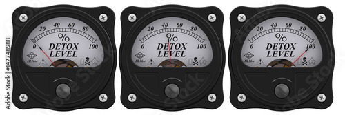 Detox level indicator. Analog indicator showing the level of detoxification. 3D Illustration. Isolated