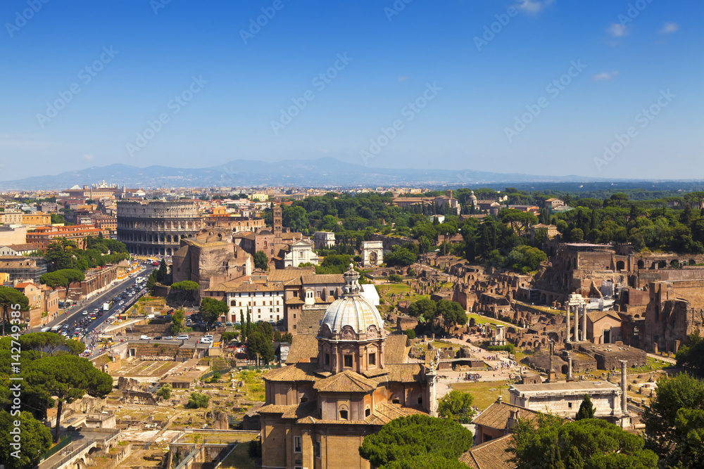 Panorama of Rome with the Colosseum and the Roman Forum, Italy