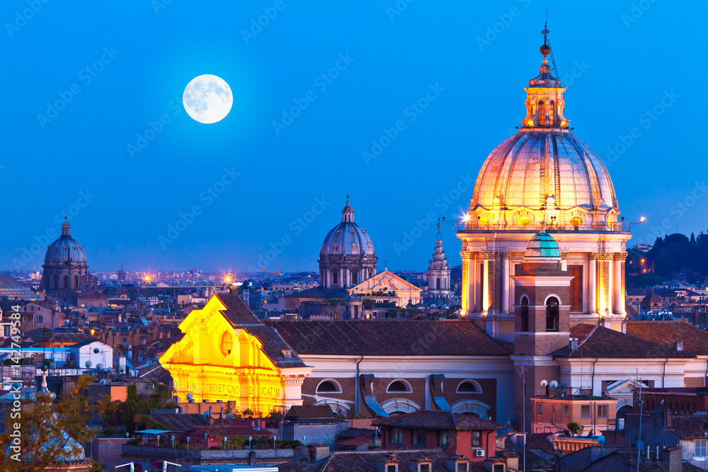 Rome Skyline at night with San Carlo al Corso Church, Italy