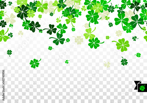 Seamless border background with four leaved greenery clover and shamrock for Saint Patrick's Day greeting isolated on white transparent background. Vector illustration
