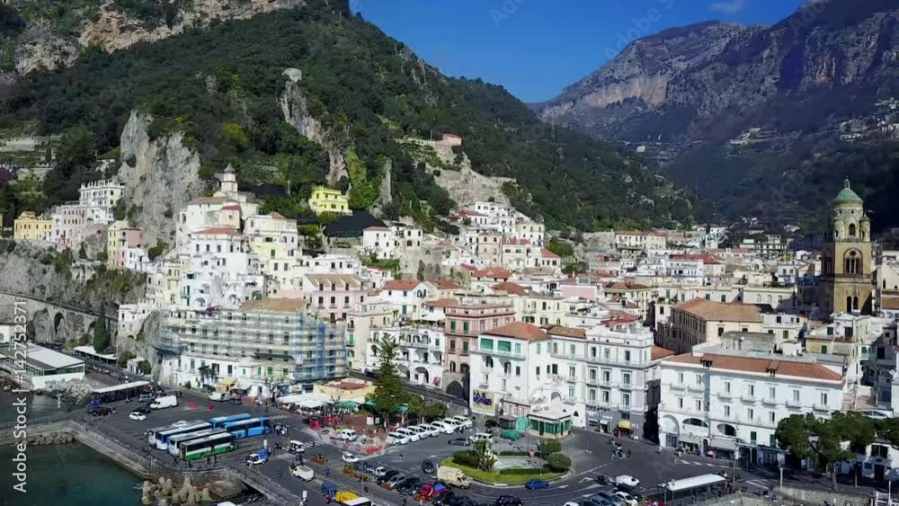Aerial, drone shot - Amalfi coast city in Italy. Aerial, drone shot - Amalfi coast city in Italy.