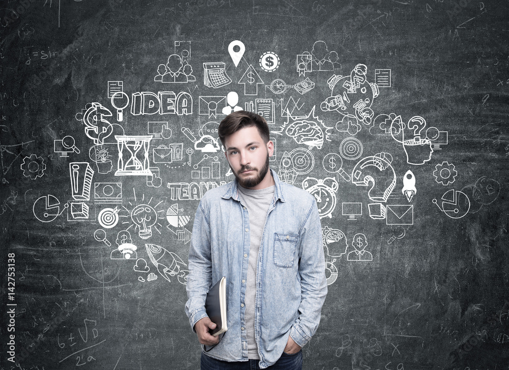 Guy in jeans shirt and business idea Guy in jeans shirt and business idea