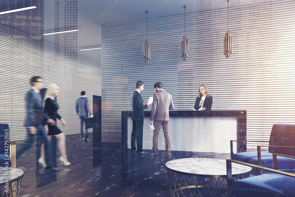 White reception, marble floor, people, side White reception, marble floor, people, side
