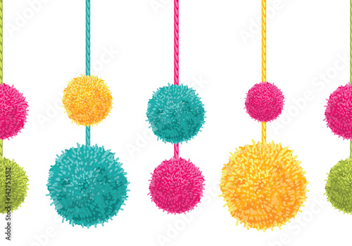 Vector Fun Colorful Decorative Hanging Pompoms Horizontal Seamless Repeat Border Pattern. Great for handmade cards, invitations, wallpaper, packaging, nursery designs.