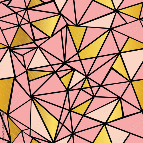 Vector Salmon Pink and Gold Foil Geometric Mosaic Triangles Repeat Seamless Pattern Background. Can Be Used For Fabric, Wallpaper, Stationery, Packaging.