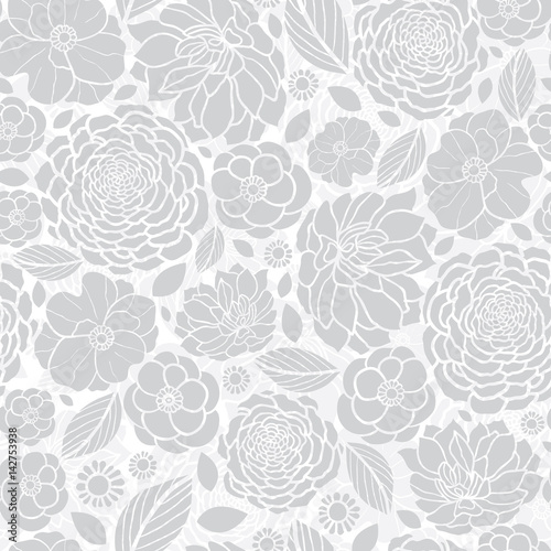 Vector Silver Grey White Mosaic Flowers Seamless Repeat Pattern Background Design. Great For Elegant wedding invitations, anniversary, packaging, fabric, wallpaper.