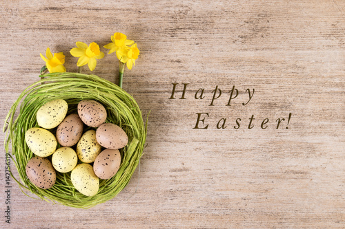 Easter background Happy Easter. Retro decoration green Easter nest with daffodils on rustic light brown background