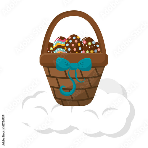 brown hamper with ribbon bow and eggs easter inside
