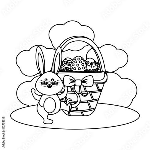 figure eggs easter inside the hamper and rabbit dancing