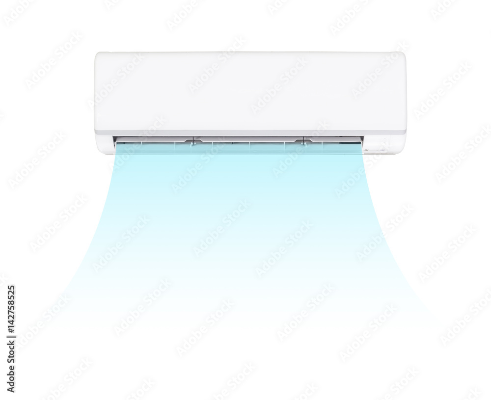 Air conditioner (AC) indoor unit or evaporator and wall mounted. That is part of mini split system or ductless system type. For removing heat and moisture from room. Isolated on white background. Air conditioner (AC) indoor unit or evaporator and wall mounted. That is part of mini split system or ductless system type. For removing heat and moisture from room. Isolated on white background.