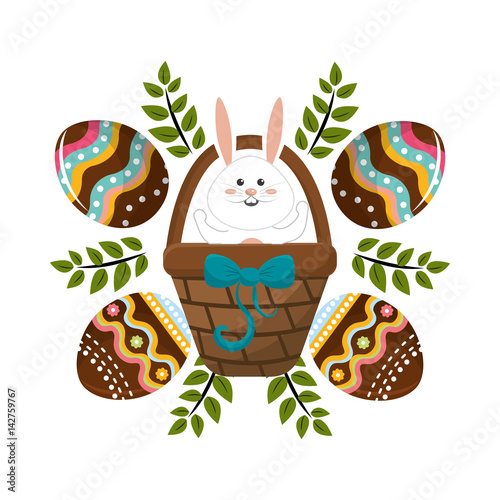 eggs easter with rabbit inside hamper and branches plant