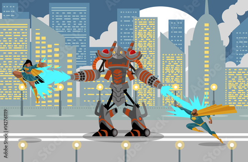 giant flamethrower robot fighting two superhero man and girl