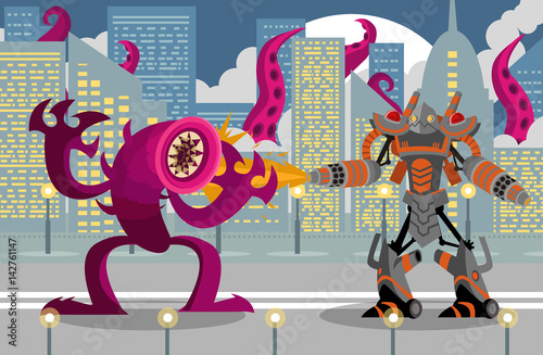 giant flamethrower robot fighting a leech tentacles monster in city