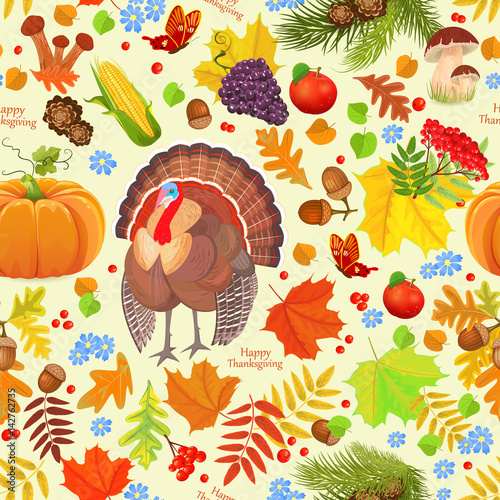 colorful seamless texture with autumn elements and a turkey. hap