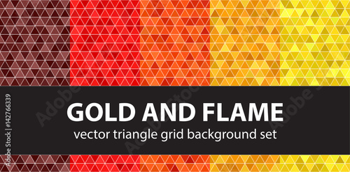 Triangle pattern set "Gold and Flame". Vector seamless geometric backgrounds