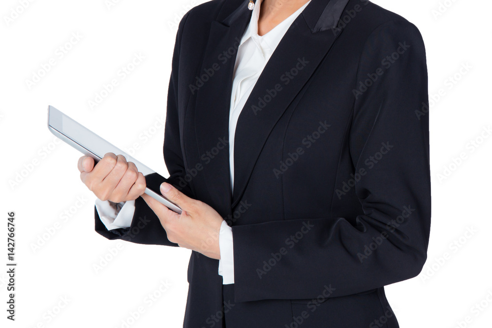 Young woman holding using touch pad tablet computer, isolated on white background, model is a asian beauty Young woman holding using touch pad tablet computer, isolated on white background, model is a asian beauty