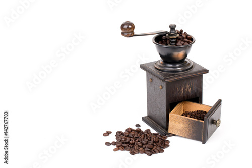 manual coffee grinder and coffee bean on white background