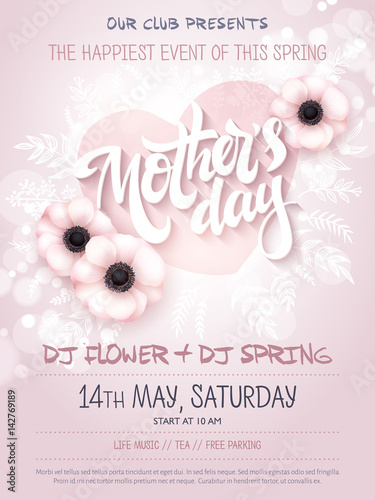 vector hand drawn mothers day event poster with blooming anemone flowers, heart shaped frame, hand lettering text - mothers day and luminosity flares