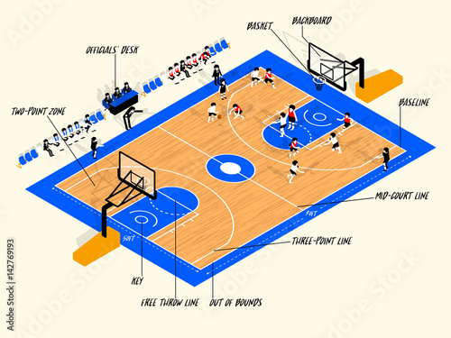 Illustration info graphic of basketball match on basketball court, basketball info graphic design concept
