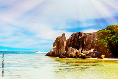 Anse Source d'argent, La Digue island. The Seychelles. Toned image
