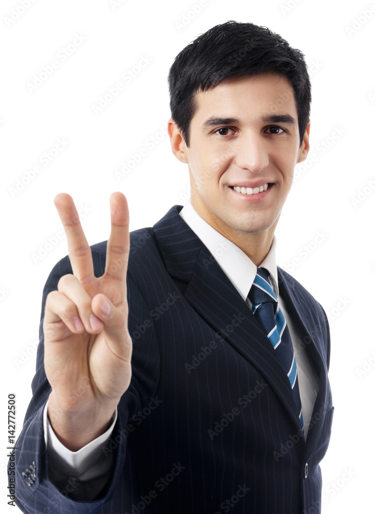 Businessman showing two fingers or victory sign Businessman showing two fingers or victory sign