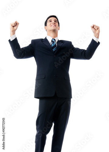 Happy gesturing businessman, isolated