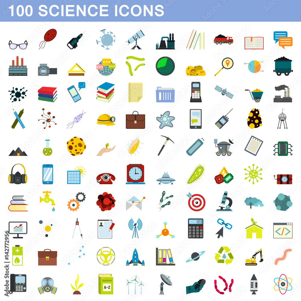 100 science icons set, flat style 100 science icons set, flat style