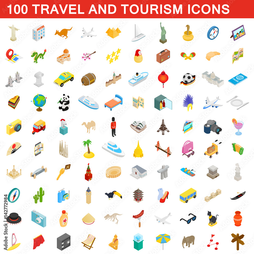 100 travel and tourism icons set, isometric style