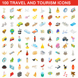 100 travel and tourism icons set, isometric style