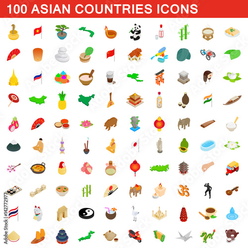 100 Asian countries icons set, isometric 3d style
