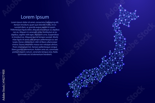 Map of Japan from polygonal blue lines and glowing stars vector illustration