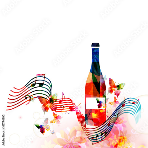 Colorful bottle with music notes isolated vector illustration. Background for restaurant poster, restaurant menu, music events, festivals and promotions