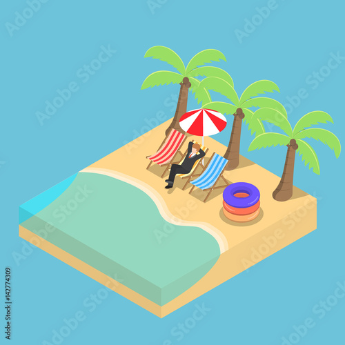 Isometric Businessman relaxing on the beach