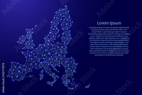 Map of European Union from polygonal blue lines and glowing stars vector illustration