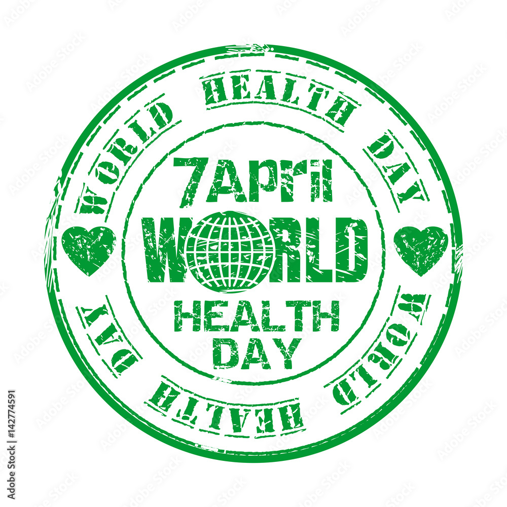 April 7. World Health Day. Green grunge rubber stamp with globe, heart and the text World Health Day written inside. Design element for celebration of World Health Day. Vector illustration