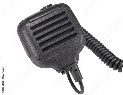 black handheld dynamic microphone for radiocommunication on whit photo