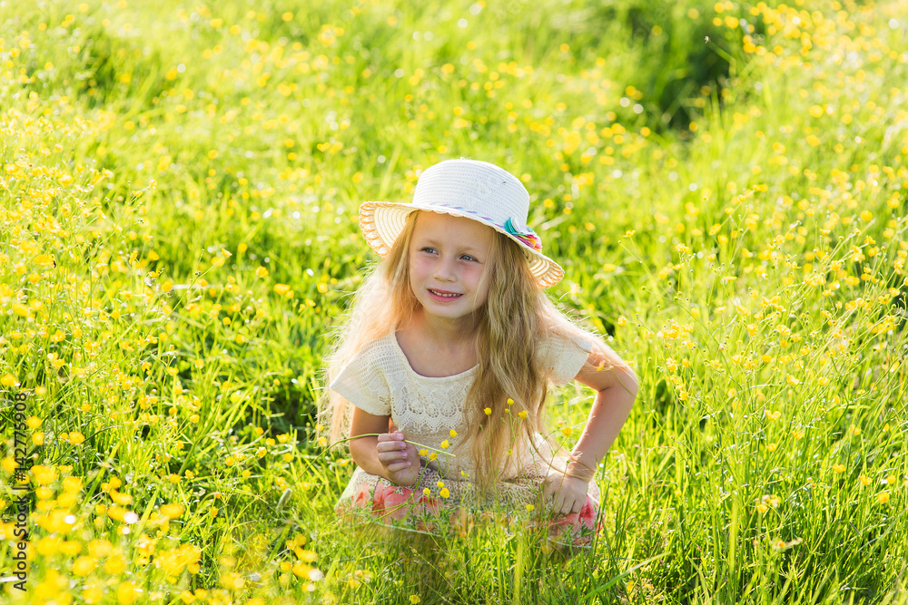 child girl in country style hat relaxing on summer field and picking flowers child girl in country style hat relaxing on summer field and picking flowers