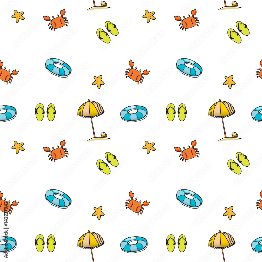 cute of doodle summer beach pattern seamless vector on white background  Stock Vector | Adobe Stock
