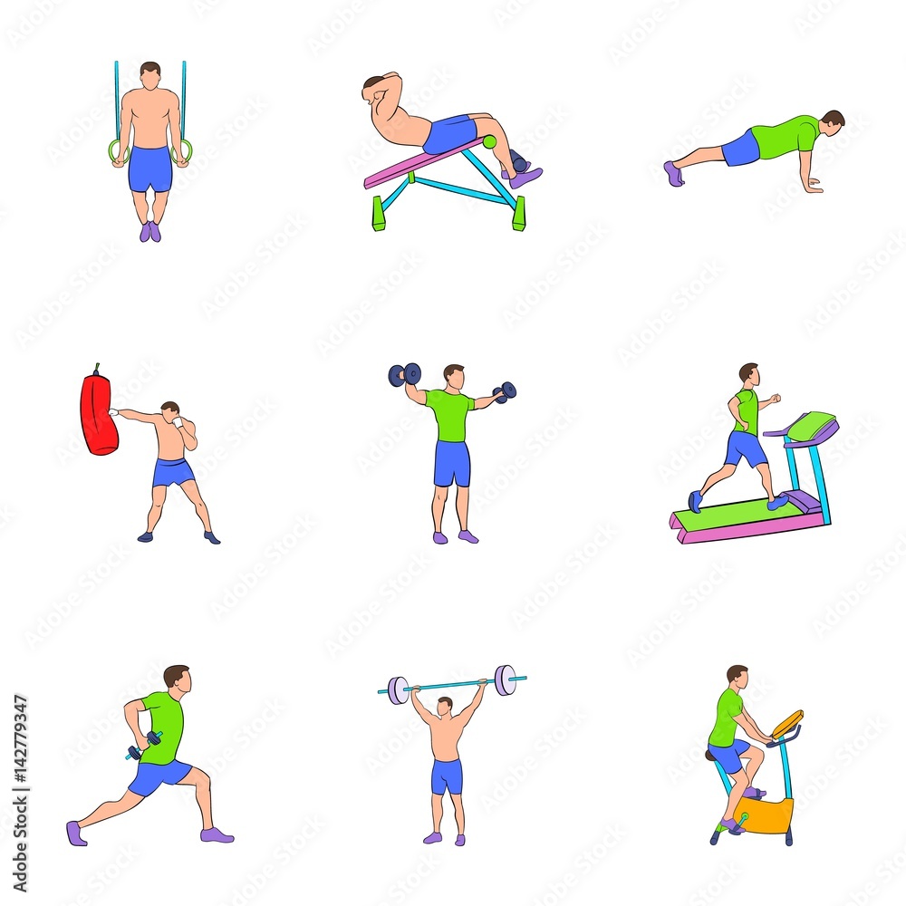 Fototapeta premium Physical exercises icons set, cartoon style
