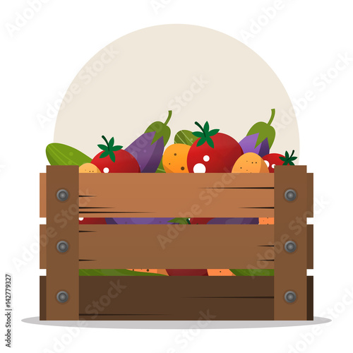 Wooden box with different vegetables. Set of products for vegetarian food. Vector illustration isolated on white background.