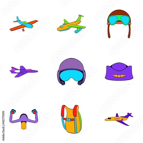Aviation icons set, cartoon style