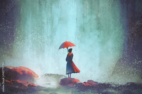 kobieta z parasolem stojąc przed wodospadem, malowanie ilustracji
