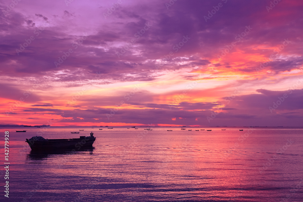 Seascape view with boats and dramatic evening sky. Seascape view with boats and dramatic evening sky.