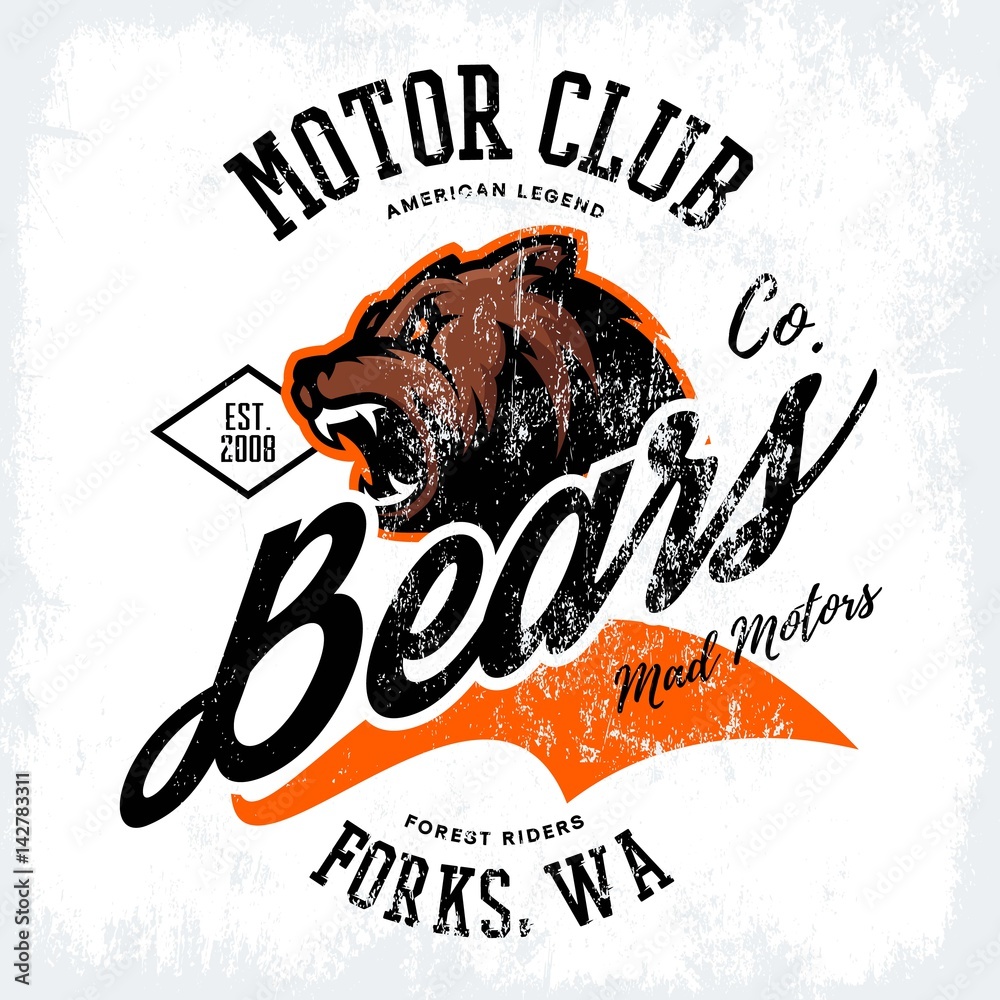 Naklejka premium Vintage American furious bear bikers club tee print vector design. Forks, Washington street wear t-shirt emblem. Premium quality wild animal superior logo concept illustration.