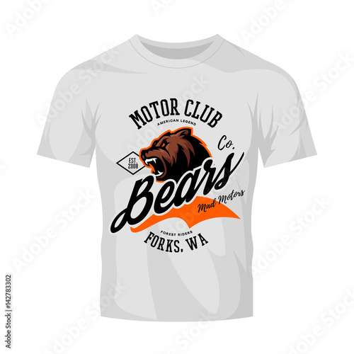 Vintage American furious bear bikers club tee print vector design isolated on white t-shirt mockup.Premium quality wild animal superior logo concept illustration.