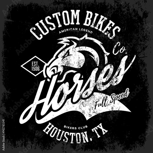 Vintage American furious horse bikers club tee print vector design. 
Houston, Texas street wear t-shirt emblem. Premium quality wild animal superior logo concept illustration.
