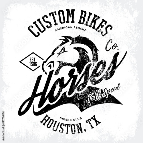 Vintage American furious horse bikers club tee print vector design. 
Houston, Texas street wear t-shirt emblem. Premium quality wild animal superior logo concept illustration.