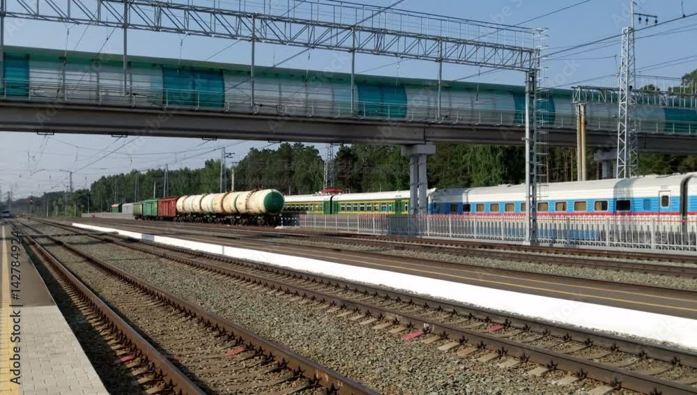 Railway receding into the distance. Major train station freight and passenger trains in Novosibirsk Railway receding into the distance. Major train station freight and passenger trains in Novosibirsk